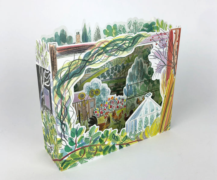 Colorful Chickens 3D allotment art card by Art Angels from Cornucopia Home and Gift, featuring detailed chicken illustrations.