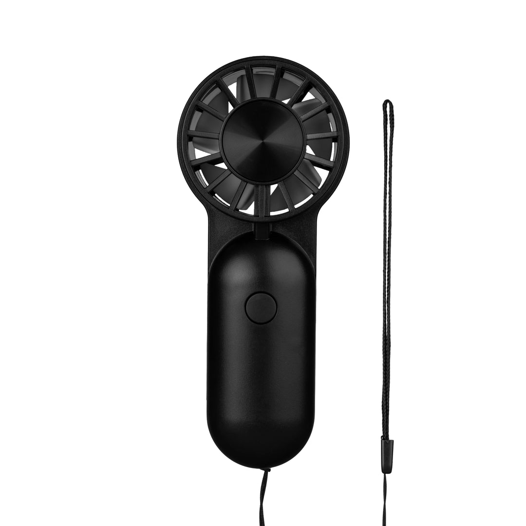 Kikkerland mini fan in black, compact handheld fan with white background, ideal for portable cooling from Cornucopia Home and Gift.