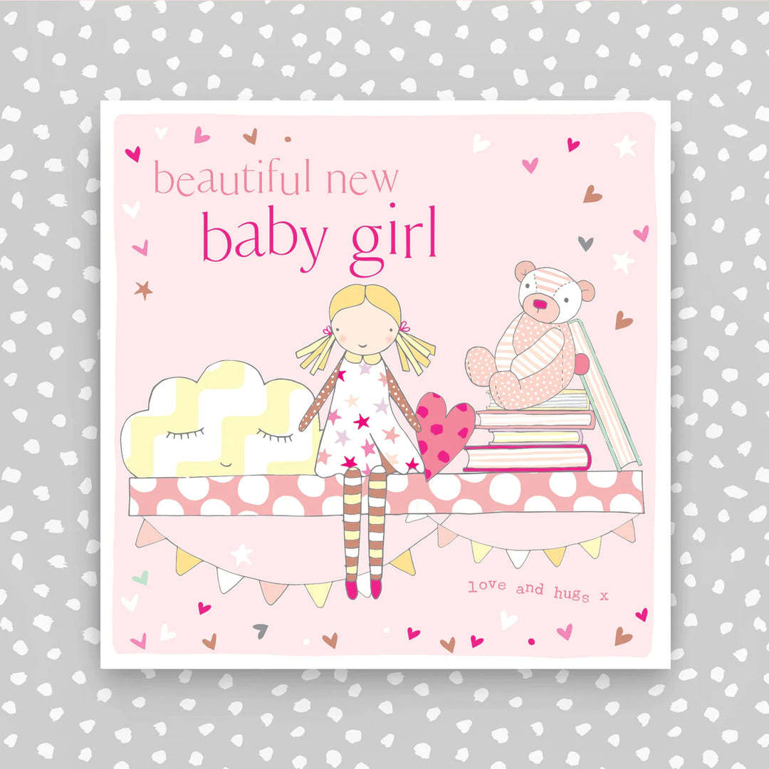 Soft pink baby girl card from Molly Mae by Cornucopia Home and Gift, featuring delicate design and baby-themed artwork.