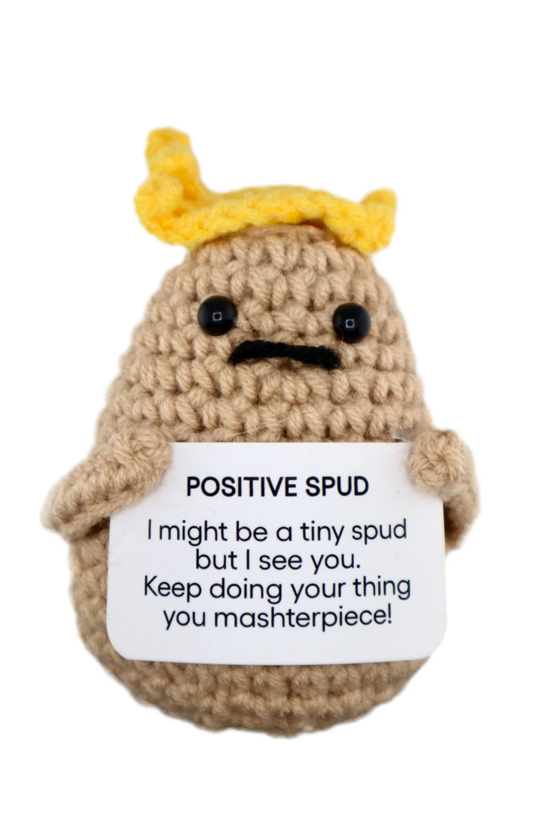 Positive Crochet Spud gnome figurine from The Gnome Garden by Cornucopia Home and Gift, featuring a cheerful crochet design.