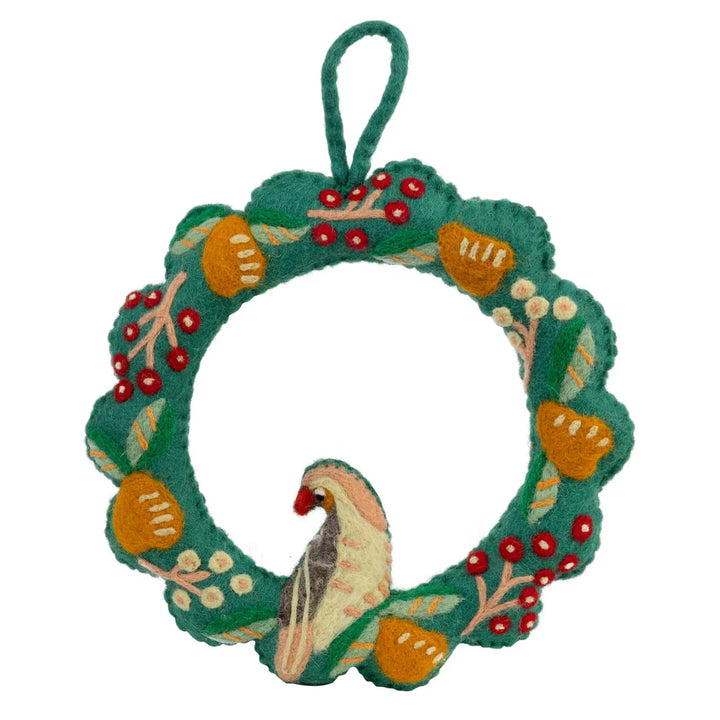 Partridge &amp; Pear Felt Christmas Wreath - 23cm