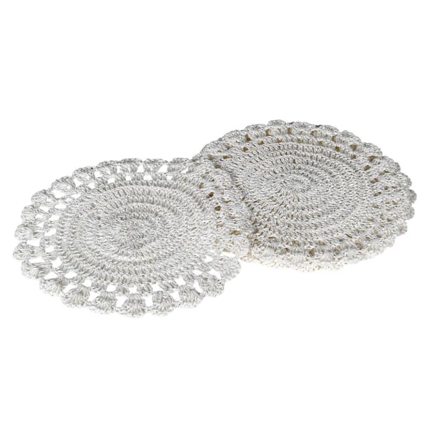 Set of 2 white crochet placemats by Coach House from Cornucopia Home and Gift, featuring intricate crochet patterns on a plain background.