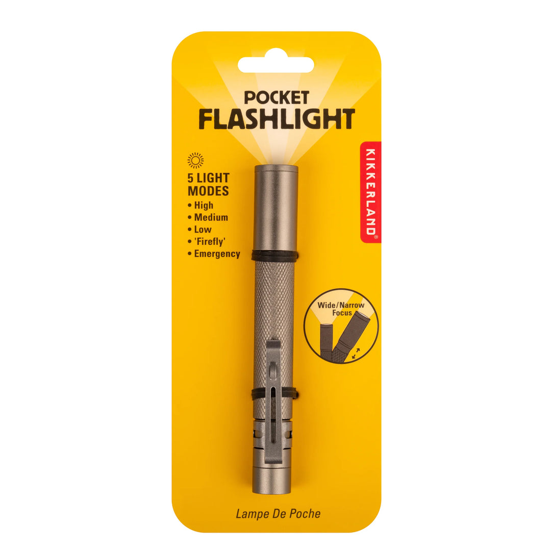 Kikkerland Pocket Flashlight in packaging, compact handheld LED flashlight from Cornucopia Home and Gift.