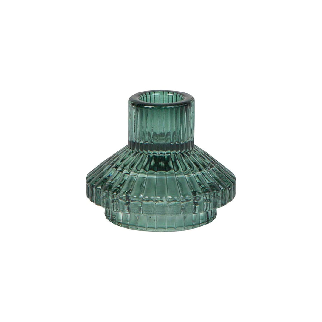 Small sage green glass candle holder with geometric design by Cornucopia Home and Gift, perfect for decorative lighting.