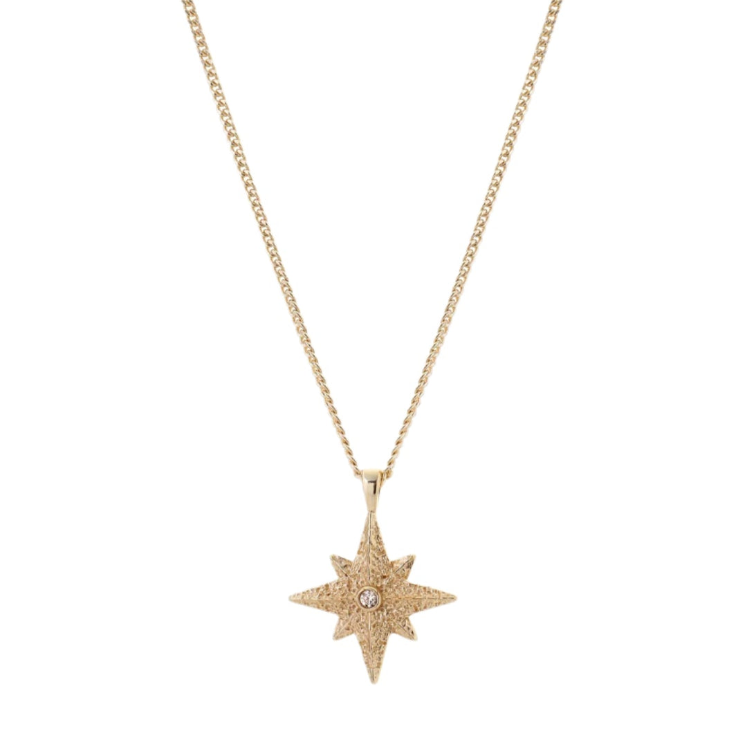 Gold star-shaped pendant necklace on a white background