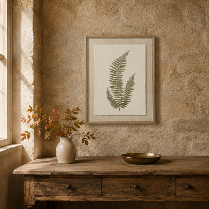 Fern Art On Texture-Torn Paper With Beaded Frame
