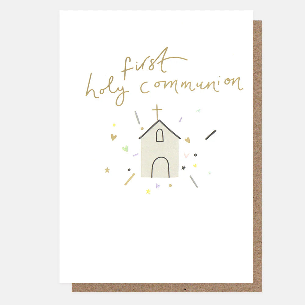 First Holy Communion church card by Caroline Gardner, featuring religious imagery and elegant design for special occasion.