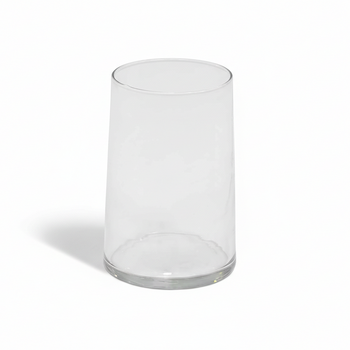 Four clear cylindrical glass vases on a white background