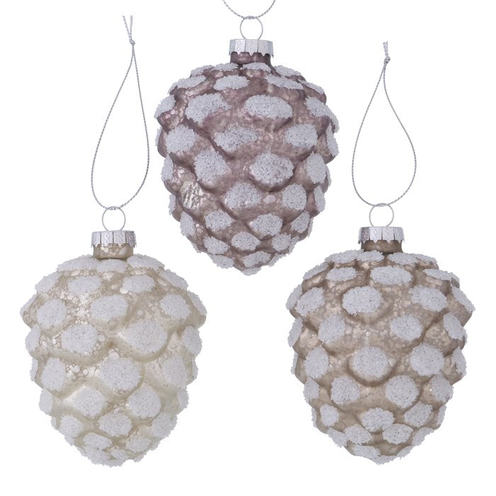 Three assorted Pinecone Baubles from Boltze Christmas by Cornucopia Home, featuring natural pinecone designs for holiday decor.