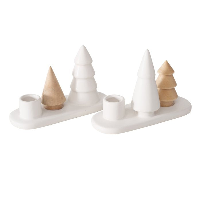 Porcelain and Wood Christmas Tree Taper Candle Holder