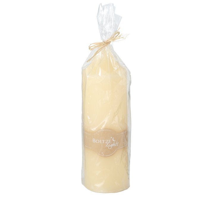 Cream pillar candle with church design, 30cm tall and 9cm diameter, from Boltze Christmas by Cornucopia Home and Gift.