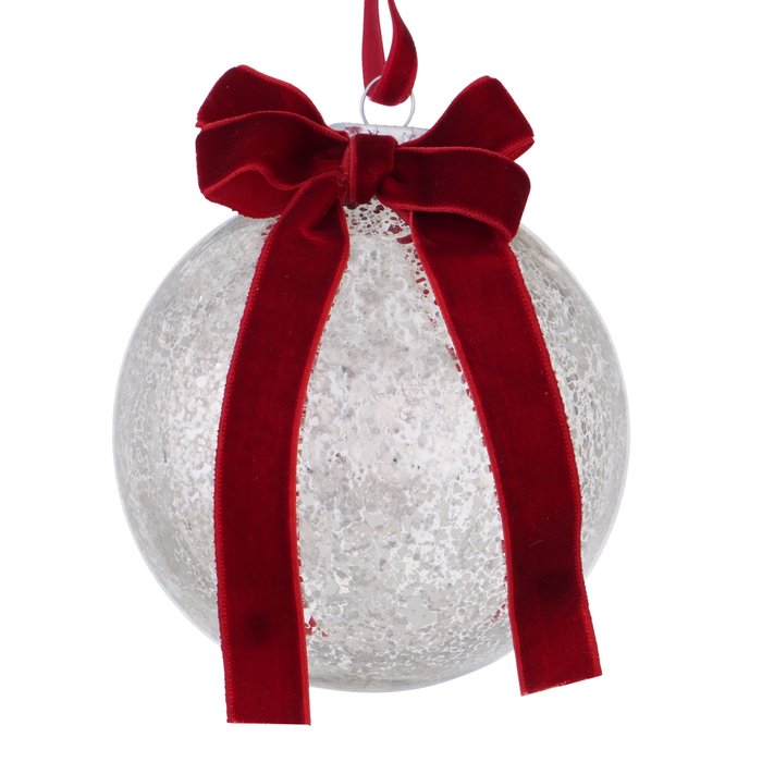White Glass Christmas Bauble with Red Bow - 10 cm