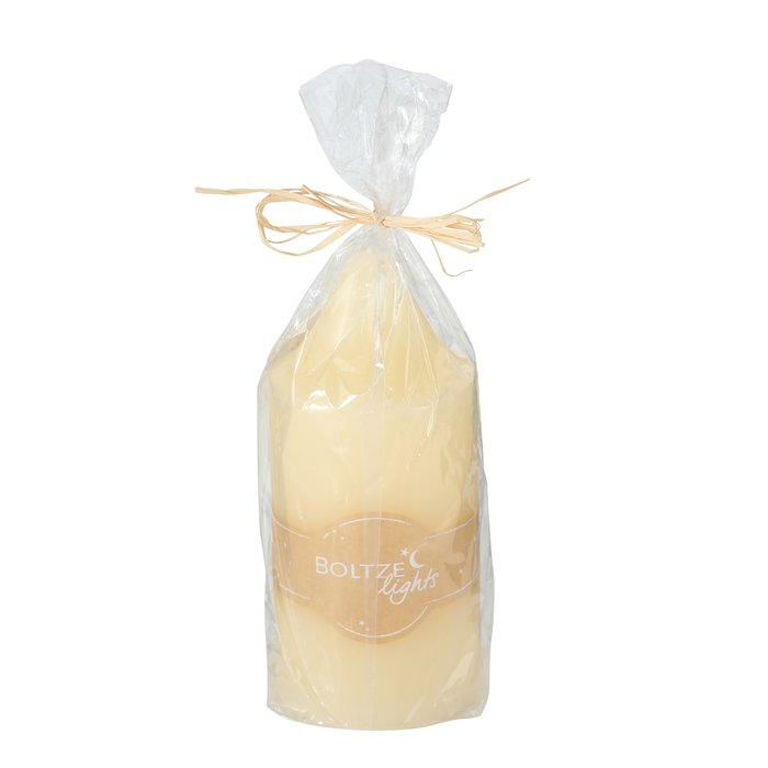 Cream pillar candle with church design from Boltze Christmas collection, by Cornucopia Home and Gift.
