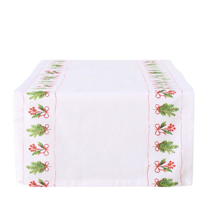 Boltze Christmas Table Runner Noelle by Cornucopia Home and Gift, featuring festive holiday design on a white fabric background.