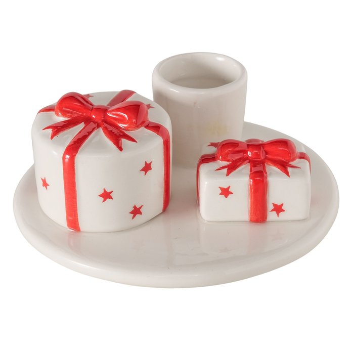 White and red Christmas present with hearts or stars, Boltze Christmas decor by Cornucopia Home and Gift, festive holiday gift box.