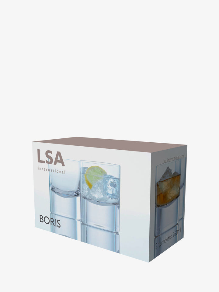 Two clear Boris Tumbler 250ml glasses by LSA International with sleek design, perfect for drinks, displayed on a white background.