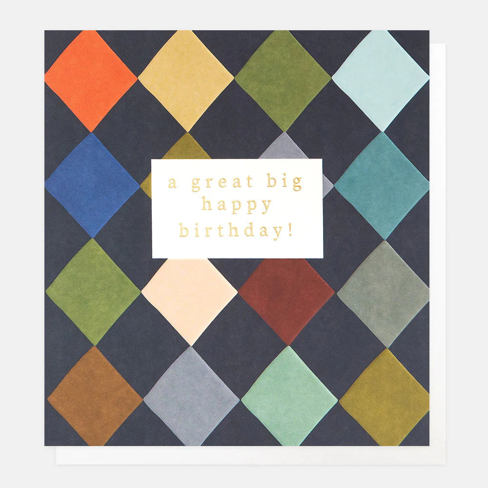 Caroline Gardner Great Big Happy Birthday greeting card with colorful harlequin pattern on a white background