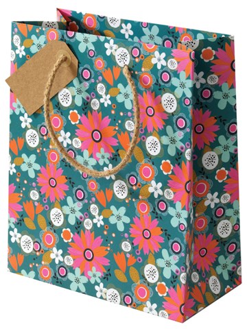 Medium Cinnamon Aitch Bloom orange flowers gift bag with floral design, from Cornucopia Home and Gift.