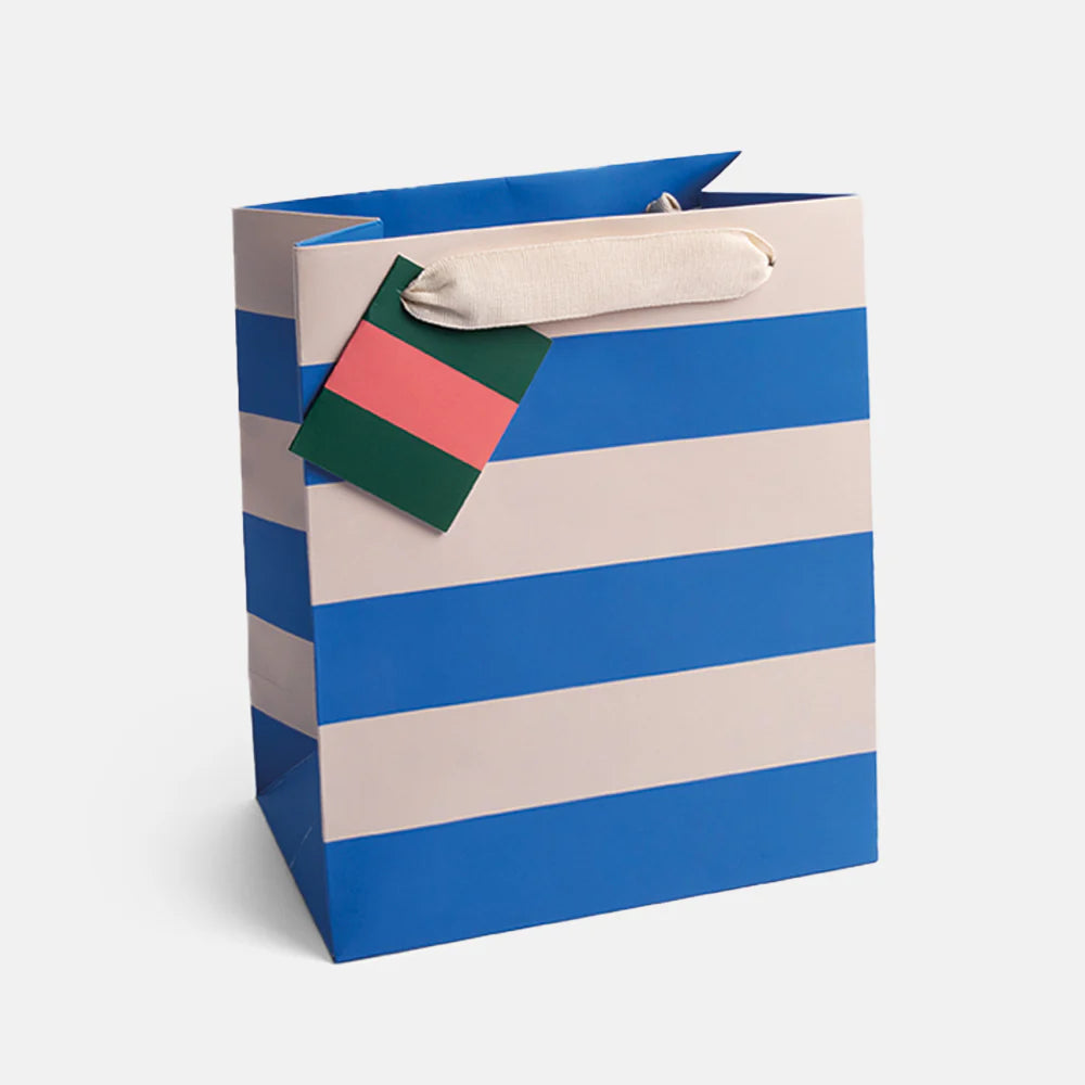 Blue and white striped medium gift bag by Caroline Gardner, featuring a stylish design perfect for gift packaging.