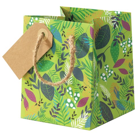 Small square Bloom Leaves gift bag by Cinnamon Aitch, featuring botanical leaf design in soft shades, perfect for gift presentation.