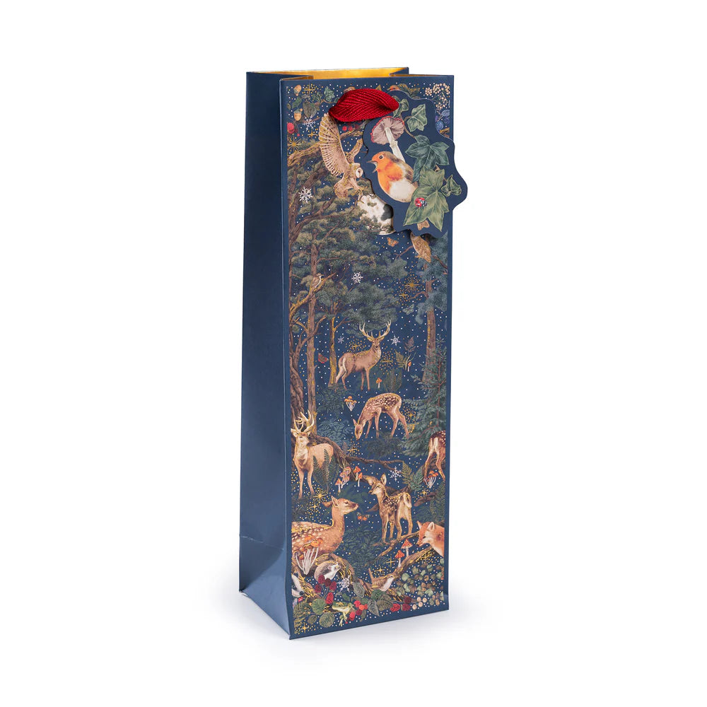 Gift bags with Robin design by The Art File for Cornucopia Home and Gift, featuring festive bottle packaging in a colorful, decorative style.