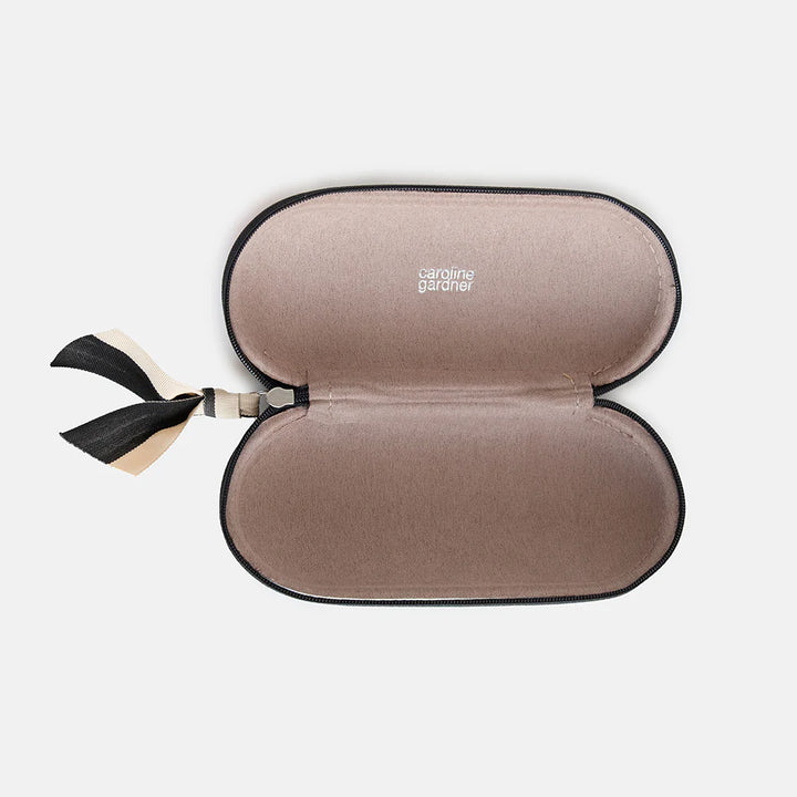 Caroline Gardner multi-flower charcoal zip glasses case with floral pattern, designed for storing and protecting eyeglasses.