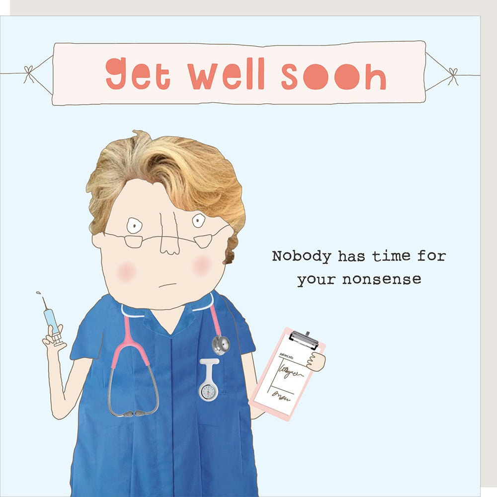 Nonsense Get Well Soon Card by Rosie Made a Thing, featuring colorful whimsical illustrations and playful typography.