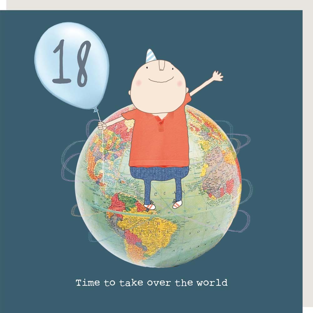 Boy 18 World card by Rosie Made a Thing, featuring a colorful globe design, perfect for milestone celebrations.