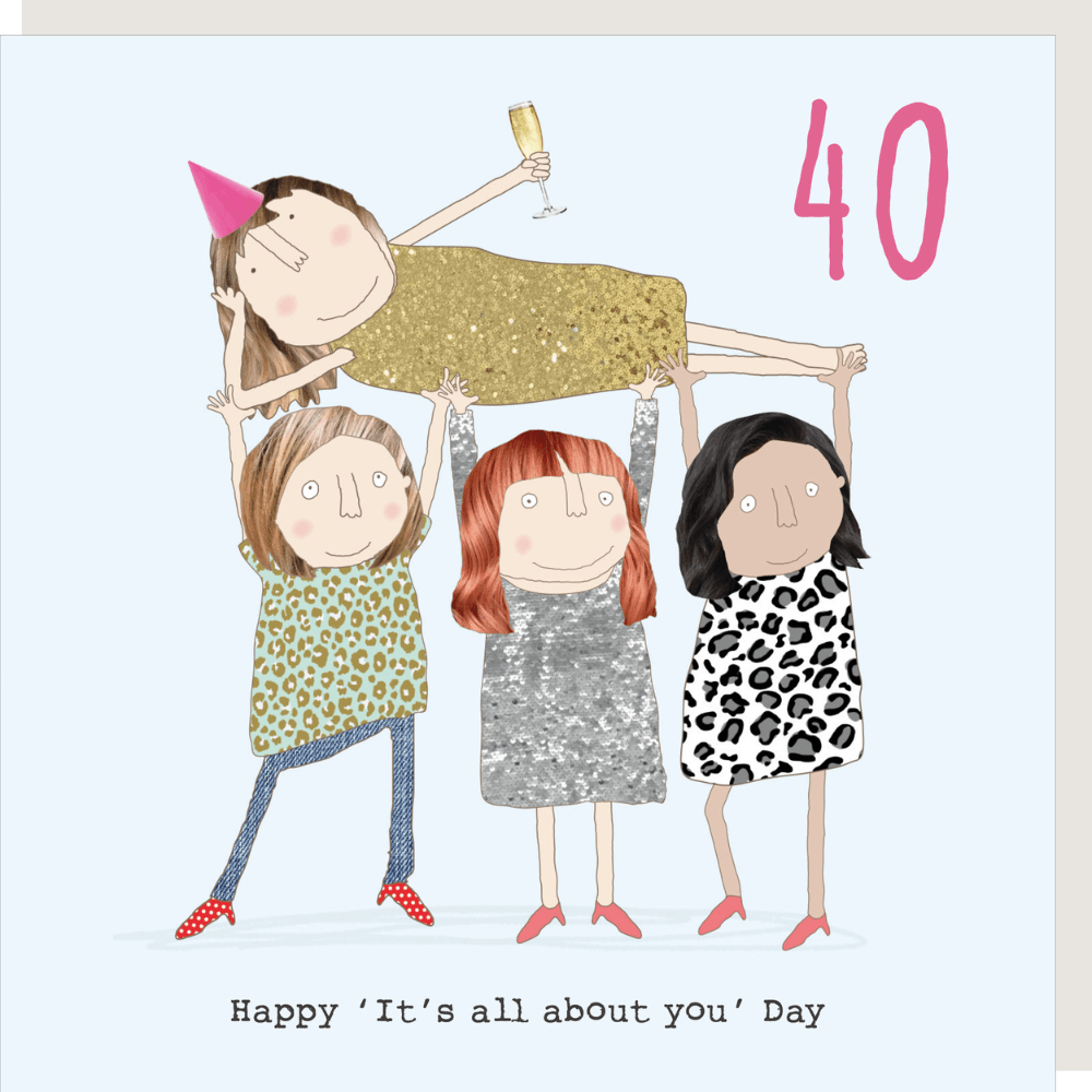 Girl holding a "40 Happy Day" card from Rosie Made a Thing by Cornucopia Worcester, featuring cheerful colorful design.