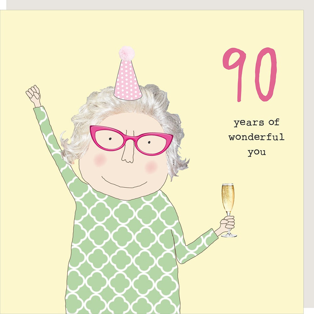 Girl 90 Wonderful You card by Rosie Made a Thing featuring colorful, whimsical design for celebrating a 90th birthday.