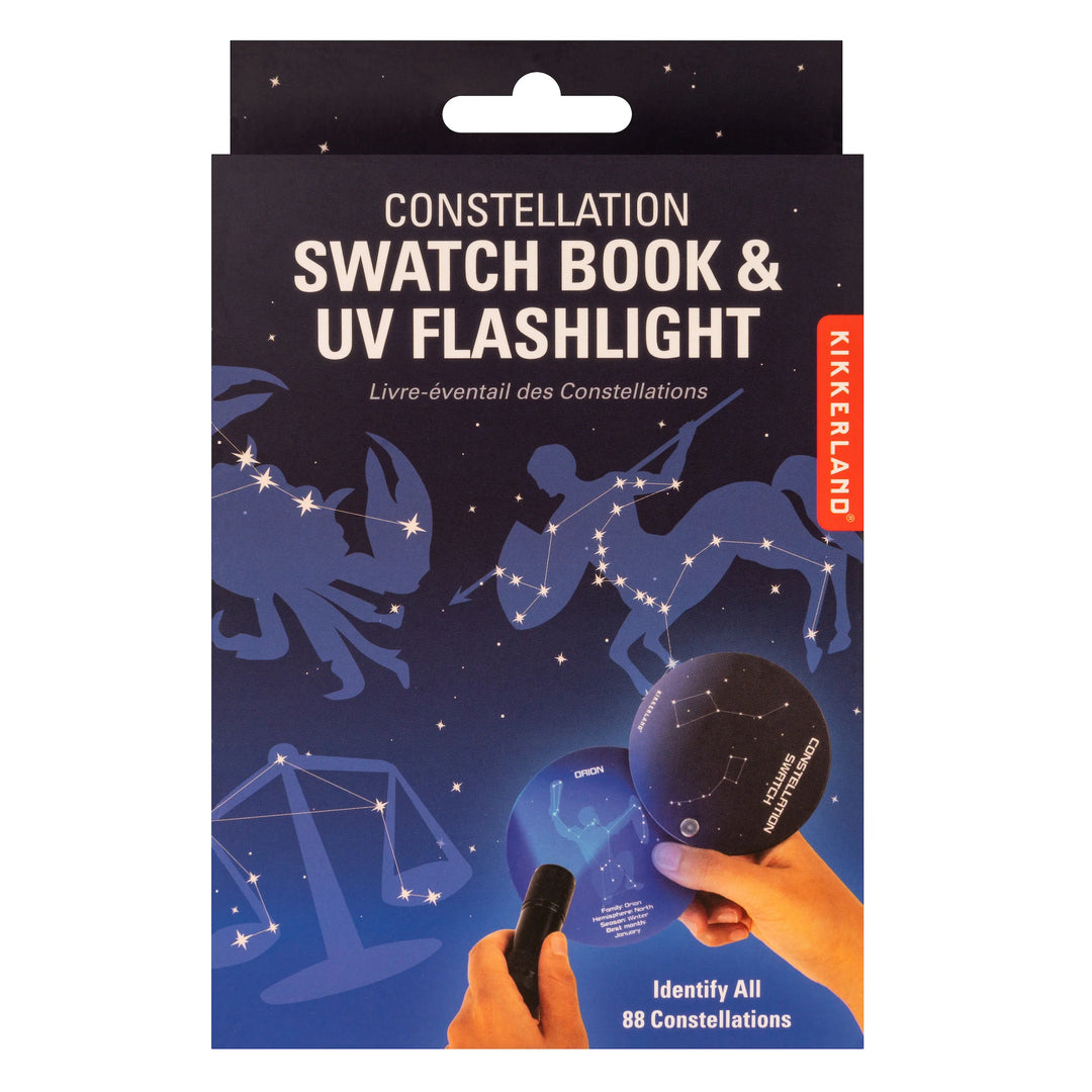 Kikkerland Constellation Swatch Book with UV flashlight showing star patterns, packaged in a sleek, compact design.