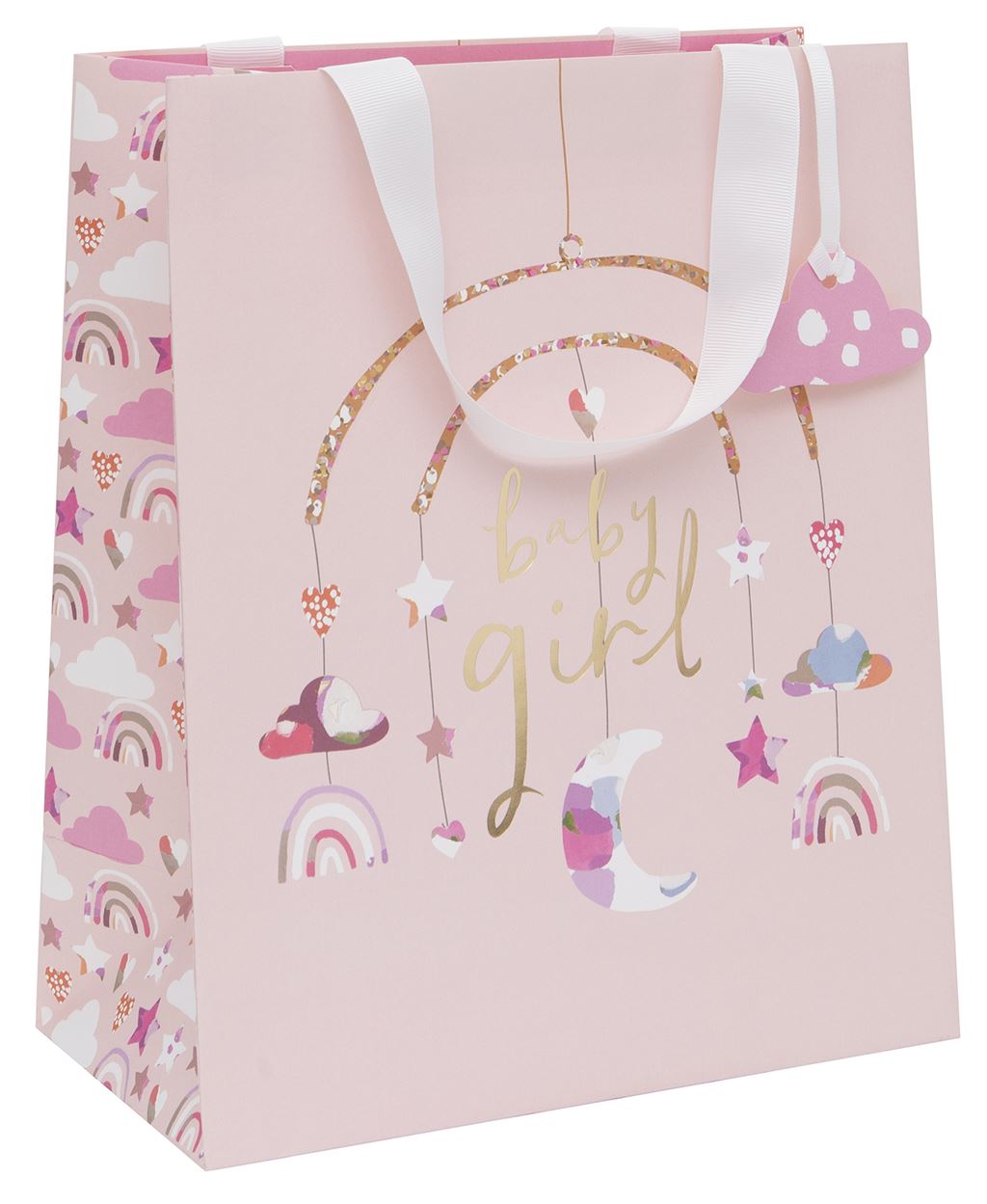 Large baby girl gift bag by Glick from Cornucopia Home and Gift, featuring pink and white design suitable for baby showers.