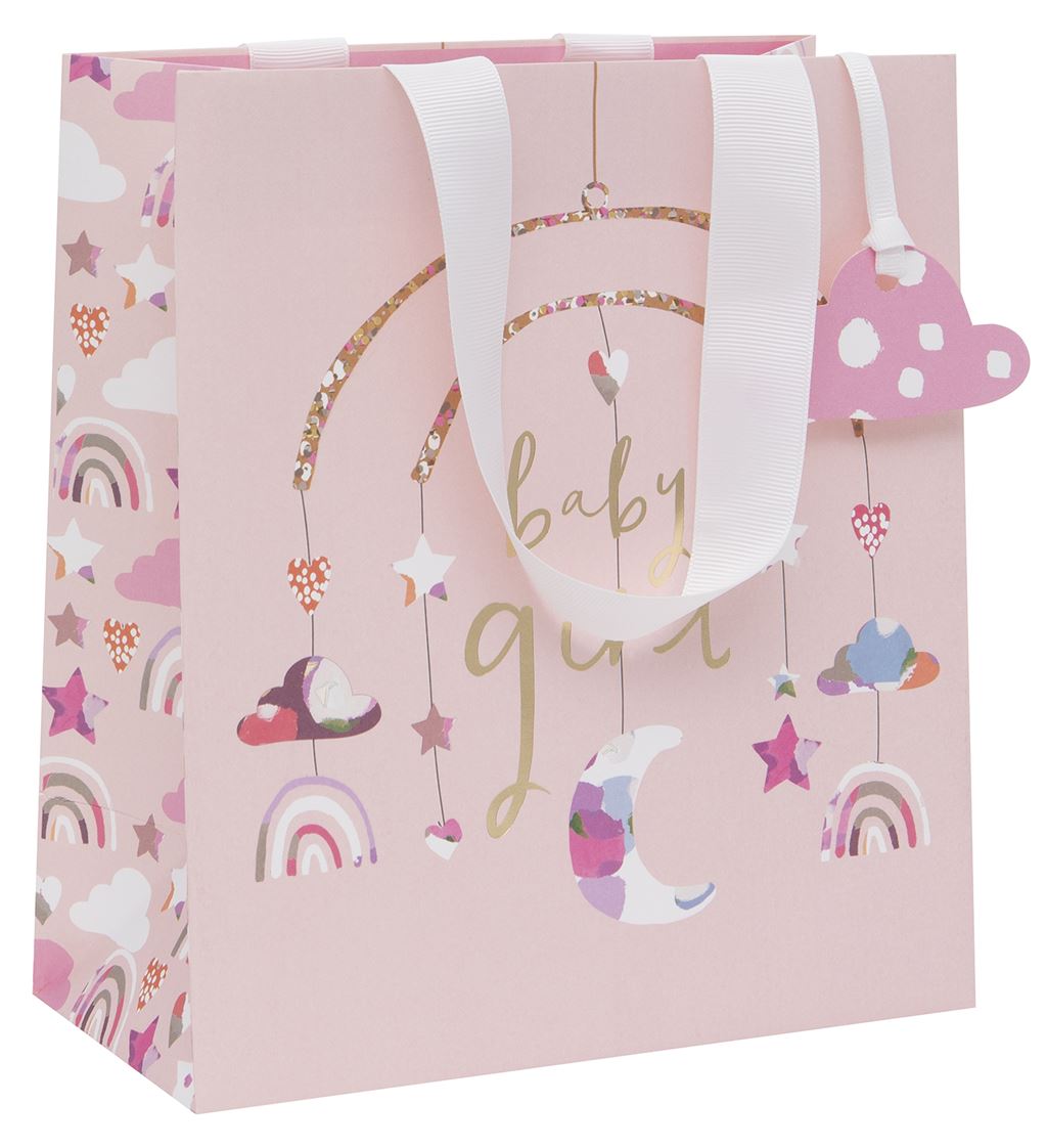 Medium baby girl gift bag by Glick from Cornucopia Home and Gift, featuring soft pastel colors and decorative baby girl-themed designs.