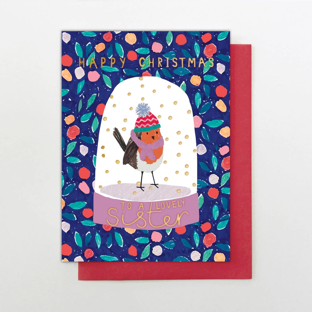 Sister Christmas Card - Robin in Snow Globe