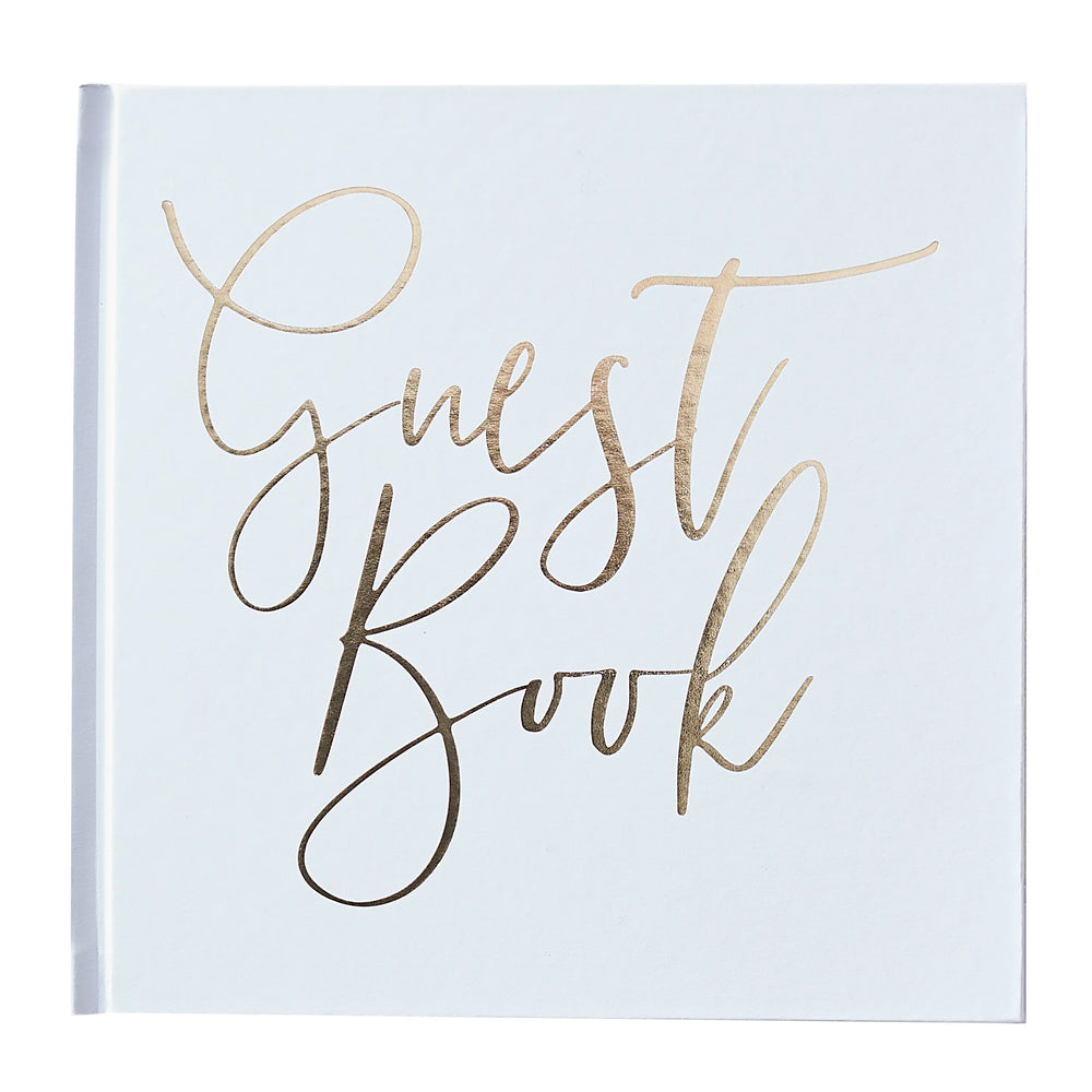 Gold wedding guest book by Ginger Ray with elegant design, perfect for guests to sign at weddings, from Cornucopia Home and Gift.