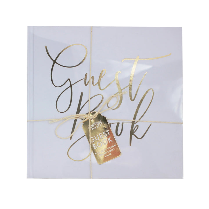 Gold wedding guest book by Ginger Ray featuring elegant design, perfect for recording wedding memories and guest signatures.