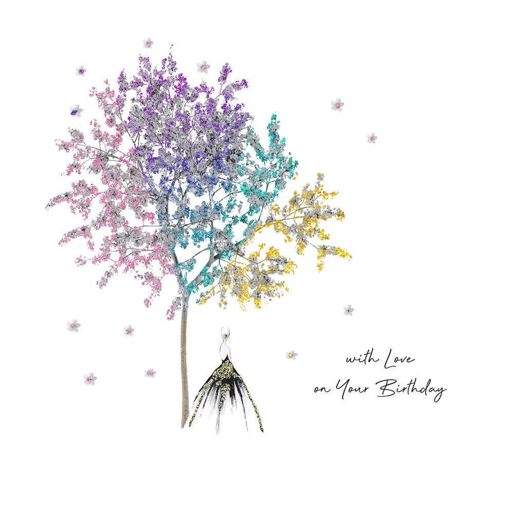 With Love On Your Birthday tree card by Five Dollar Shake, featuring cheerful birthday message and colorful tree illustration.