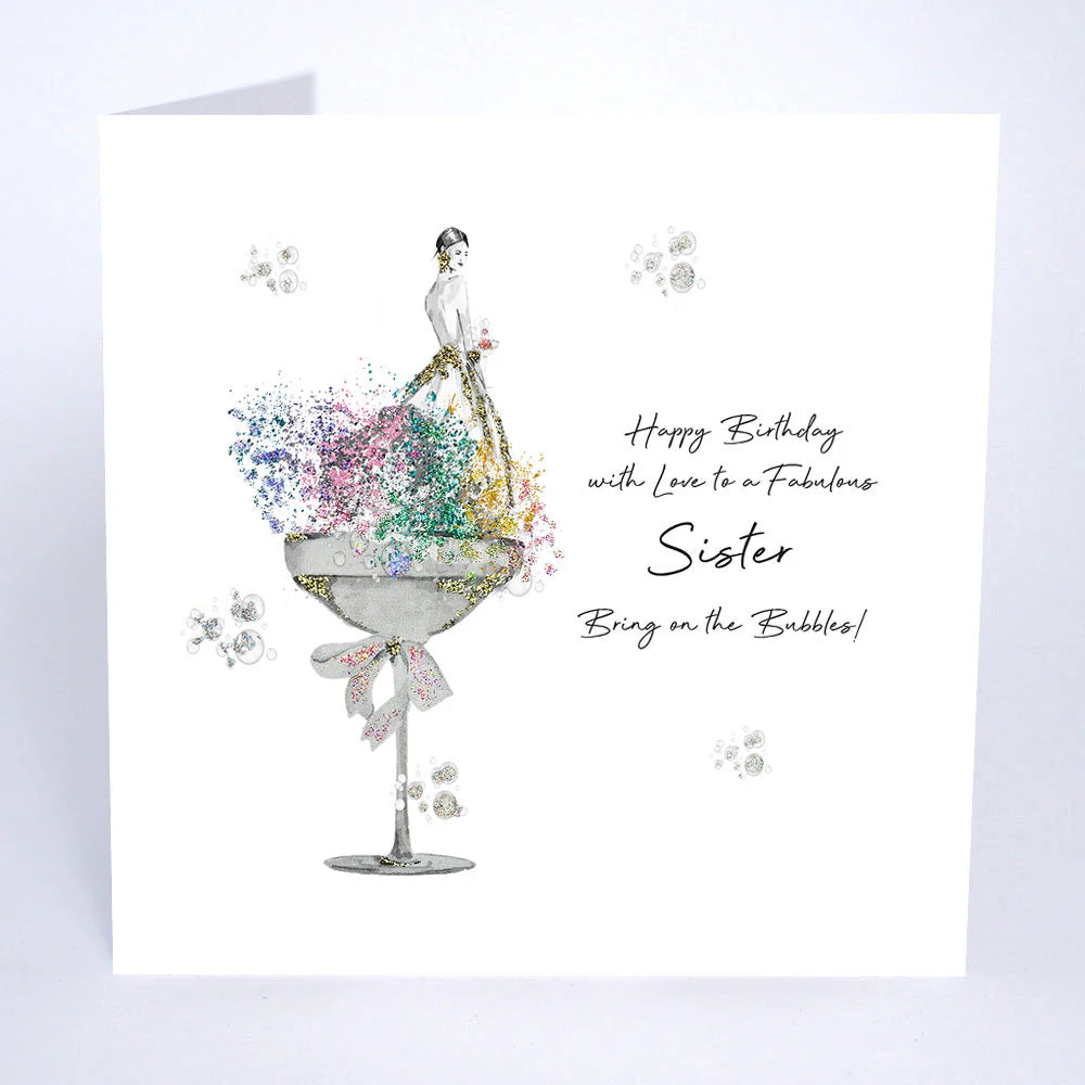 Happy birthday card from Five Dollar Shake featuring loving message for a fabulous sister, branded Cornucopia Home and Gift.