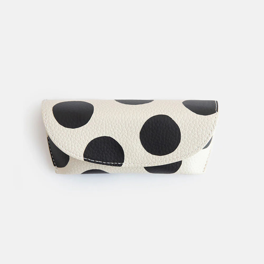 Caroline Gardner mono scattered dot flap glasses case with pink and white design, designed for protecting glasses.