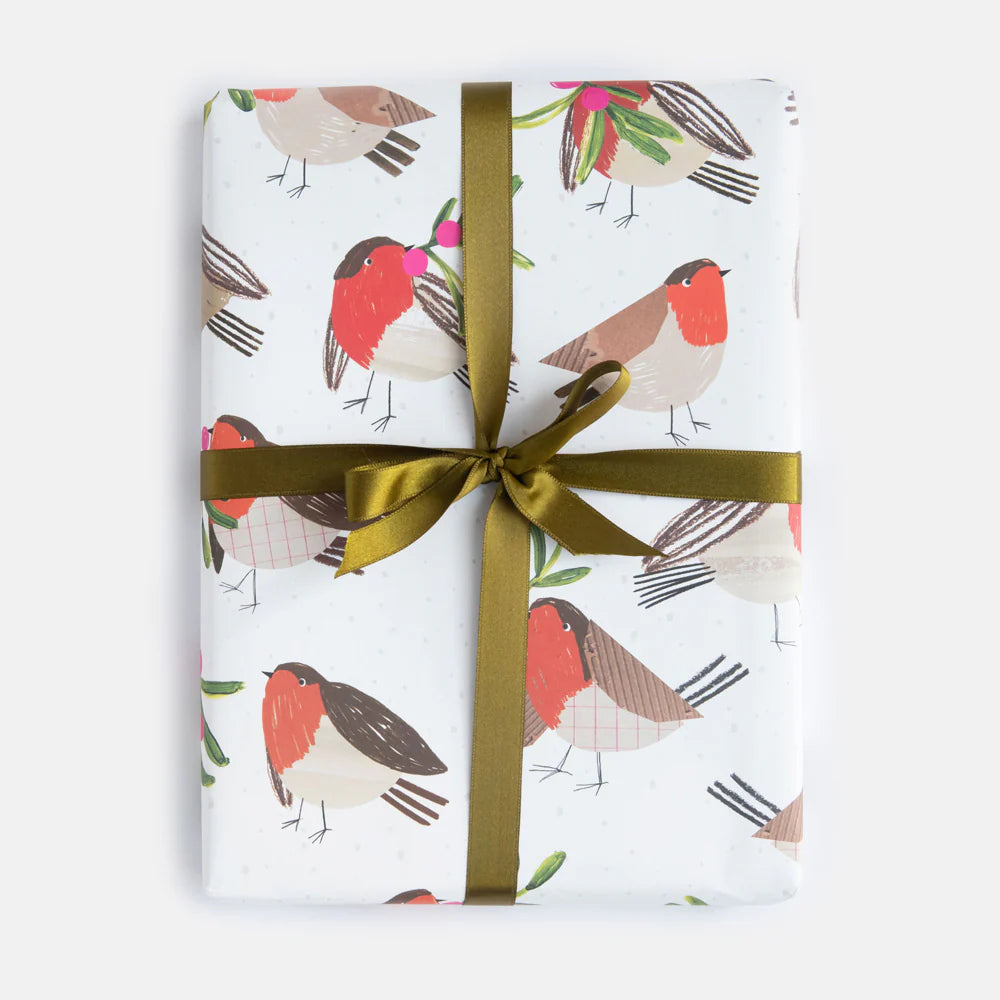Caroline Gardner Christmas flat wrap with collaged robins, sprigs, and festive holiday illustrations for wrapping gifts.