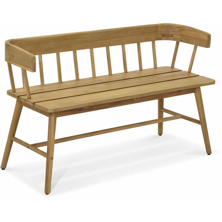 Garden Trading Bramley Bench made of sturdy wood with a slatted seat and backrest, perfect for garden or outdoor seating.