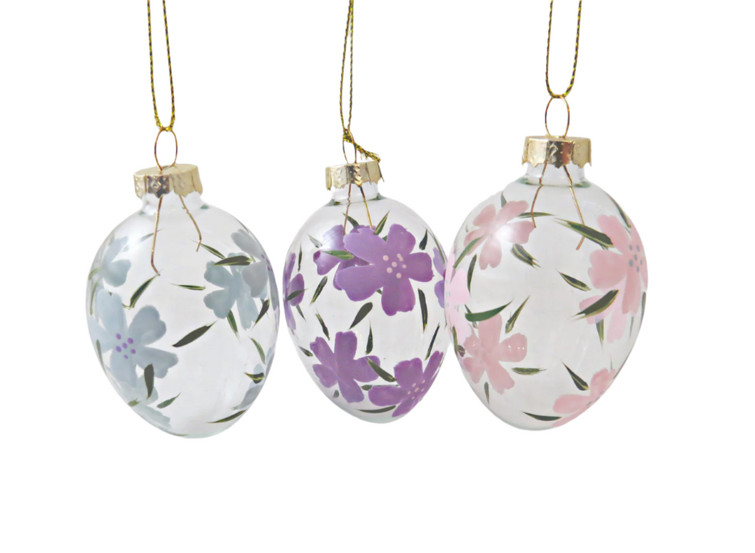 Painted flower hanging glass egg with floral head design, decorative giftware piece by Cornucopia Home and Gift.