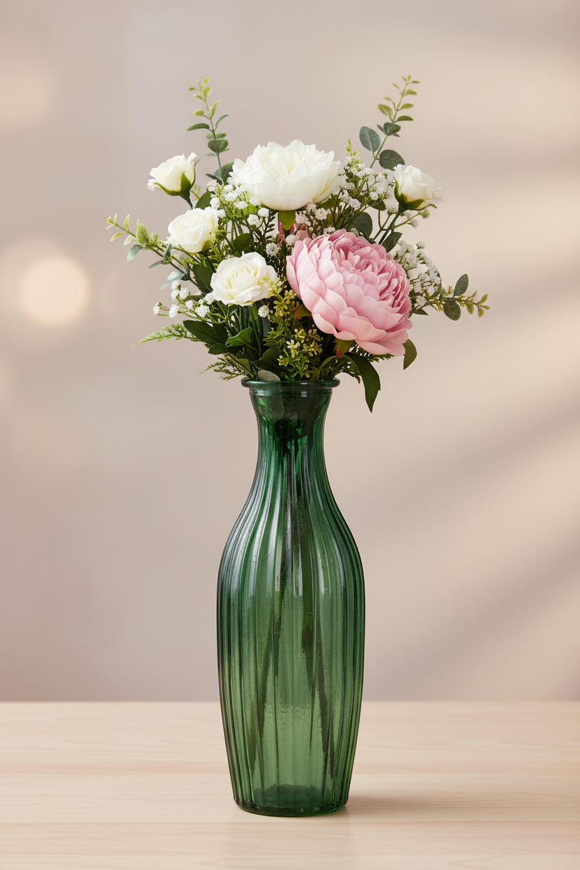 Glass Ribbed Tall Slim Bud Vase - Emerald