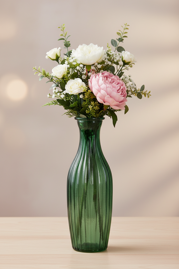 Glass Ribbed Tall Slim Bud Vase - Emerald