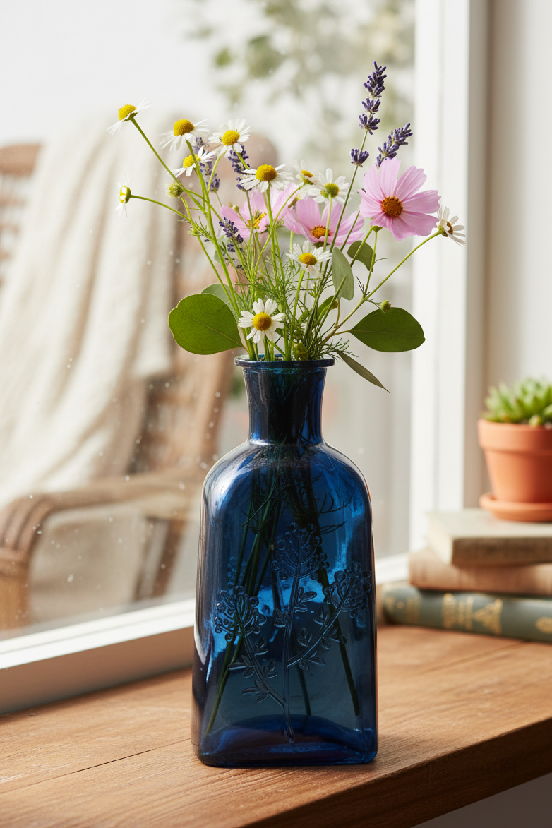 Glass Wildflower Bottle Vase - Navy