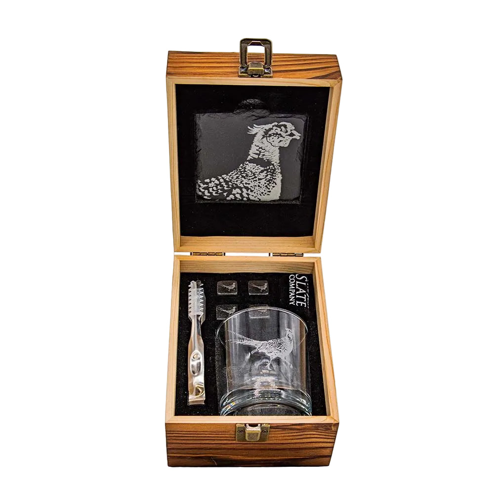 Glass set with cleaning brush and towel in a wooden box with engraved design