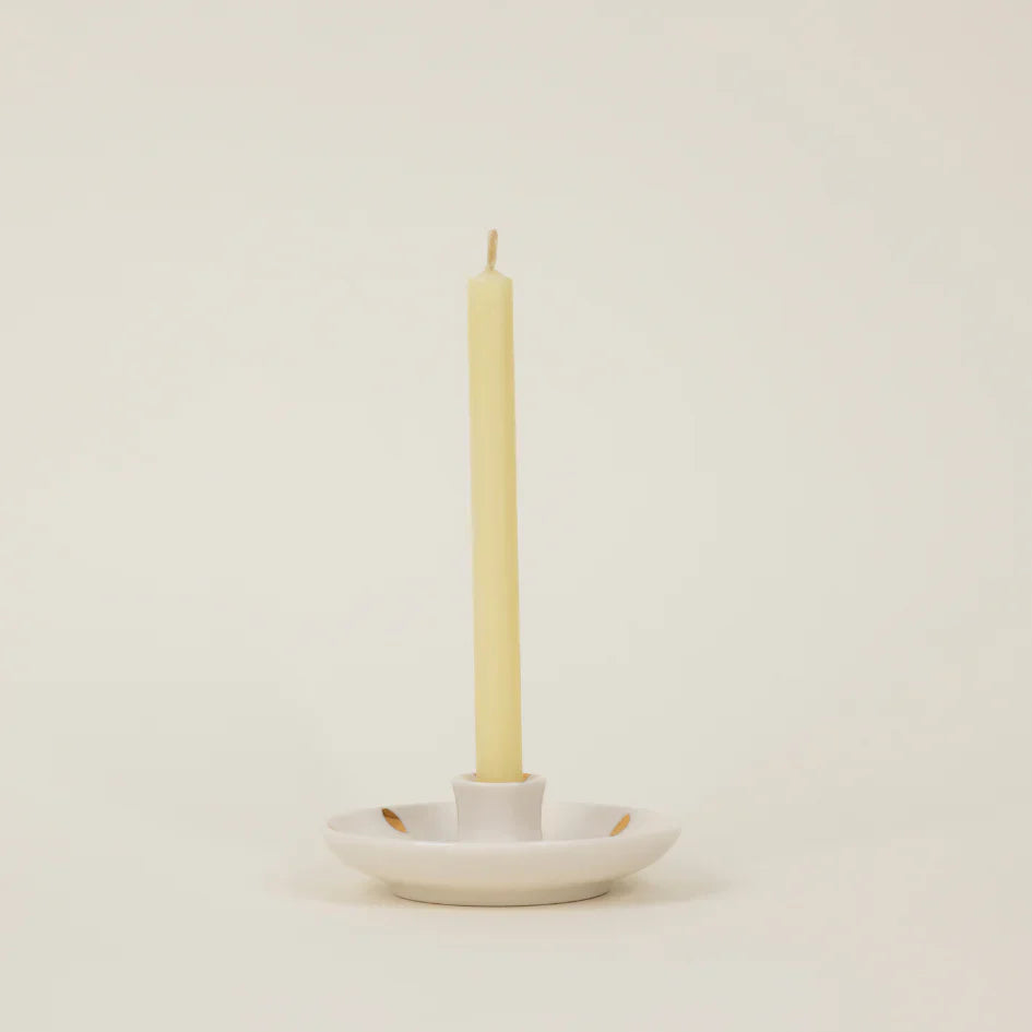 St. Eval Gold Brush Mark Candle Holder with textured gold finish, designed for pillar candles, by Cornucopia Home and Gift.