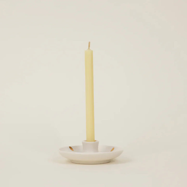 St. Eval Gold Brush Mark Candle Holder with textured gold finish, designed for pillar candles, by Cornucopia Home and Gift.