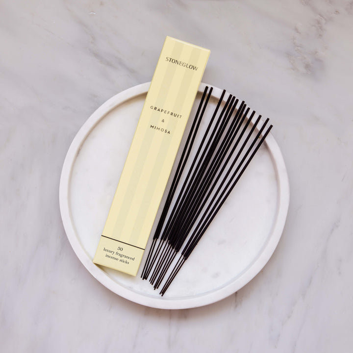 Stoneglow Modern Classics grapefruit and mimosa incense sticks, pack of 30, with a sleek design and natural fragrance.