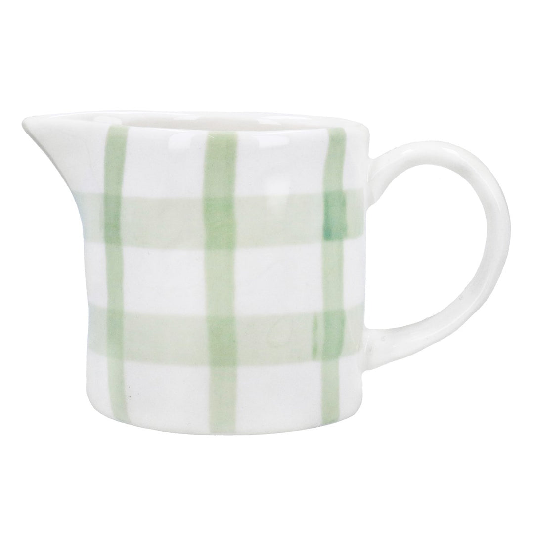 Green check stoneware mini jug from Gisela Graham Easter collection, featuring a charming green check pattern and small handle.